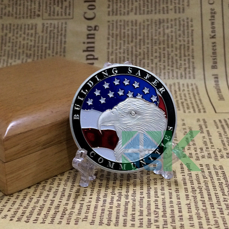 This is a custom challenge coin about crime prevention and youth education.