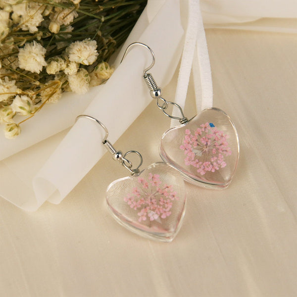 Dried flower handmade Peach Blossom earrings | real flower jewelry | gifts for her | Heart drop Earrings | Heart Shape Earrings
