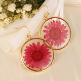 Large Red Crystal Chrysanthemum Pressed Flower Earrings | Dry Red Flower | Round Earrings | Floral Dangle | Real Dried Flower Drop Earrings|
