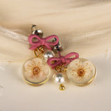 Bow Tie Pearl Pressed Flower Earring | Dry Cherry Blossom Teardrop Earring | Pink Flower Dangle Earring| Real Dried Flower Push Back Earring