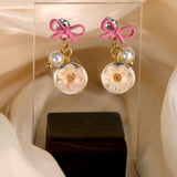 Bow Tie Pearl Pressed Flower Earring | Dry Cherry Blossom Teardrop Earring | Pink Flower Dangle Earring| Real Dried Flower Push Back Earring