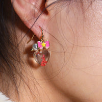Bow Tie Pearl with Red Pressed Flower Earrings | Dry Flower Heart Shape Drop Earrings | Floral Dangle | Real Dried Flower Ear Wire Earrings