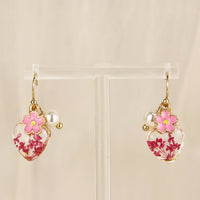 Ear Wire Pink Pressed Flower Earrings | Dry Pink Flower Heart Shape Earring | Resin Floral Dangle | Real Dried Flower Drop Ear Wire Earrings