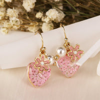 Pink Pressed Flower With Pearl Earrings | Dry Pink Flower Heart Shape Earrings | Resin Floral Dangle | Real Dried Flower Ear Wire Earrings