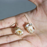 White Pressed Flower With Pearl Earrings | Dry White Flower Round Shape Earrings | Resin Floral Dangle | Real Dried Flower Drop Earrings