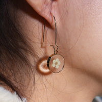 Yellow And White Pressed Flower Earrings | Dry White Flower Round Earrings | Resin Floral Dangle | Real Dried Flower Ear Wire Drop Earrings|
