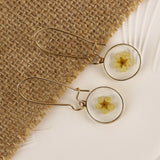 Yellow And White Pressed Flower Earrings | Dry White Flower Round Earrings | Resin Floral Dangle | Real Dried Flower Ear Wire Drop Earrings|