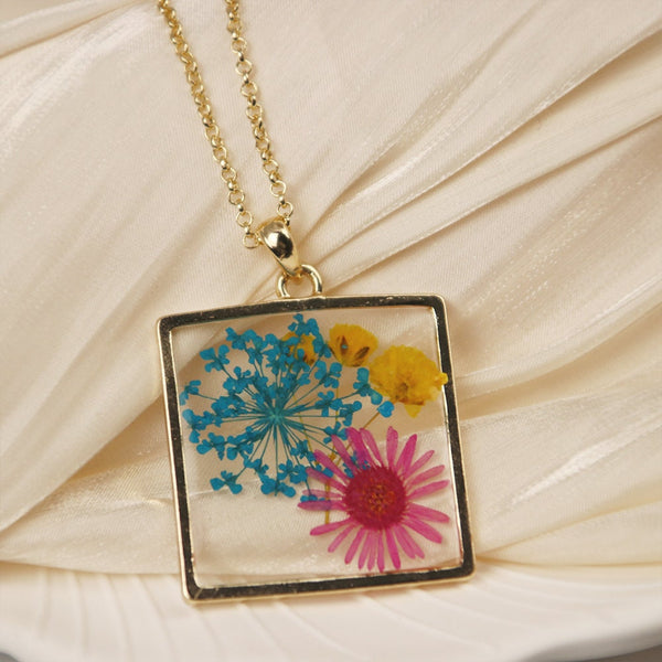 Irregular Geometric Long Necklace | Natural Resin Dried Flower Necklace | Birthday Gift Jewelry |