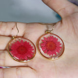 Large Red Crystal Chrysanthemum Pressed Flower Earrings | Dry Red Flower | Round Earrings | Floral Dangle | Real Dried Flower Drop Earrings|