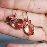 Bow Tie Pearl with Red Pressed Flower Earrings | Dry Flower Heart Shape Drop Earrings | Floral Dangle | Real Dried Flower Ear Wire Earrings