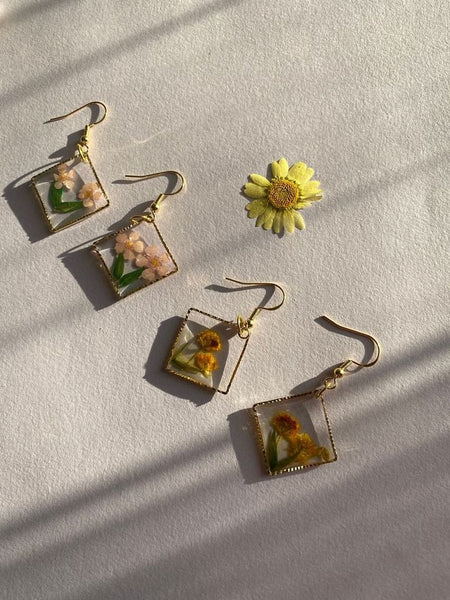 Sun Flower and Tulip Earring |  choice of 2 |  Square shape earring | hoop earring | dangle earring | pink and yellow earring|