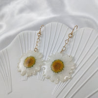 White Daisy Handmade Dried Flower Earrings | Long Resin Flower Embossed Earrings|