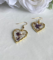 Dried Flower Handmade Heart Shape Resin dainty Earring | Triangle Resin jewelry | Real Flower Dangle Earrings| Pearl Earring