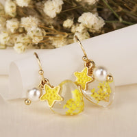 Star Pressed Yellow Flower Earrings | Dry Yellow Flower Heart Shape Earrings | Resin Floral Dangle | Real Dried Flower Push Back Earrings