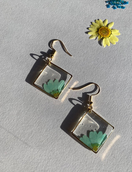 Blue and Yellow Margaret Handmade Dried Flower Resin Earrings| Daisy Floral Gold Earrings | Valentines Gift | Real Flower Jewelry